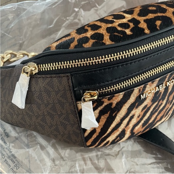 MICHAEL KORS MOTT FUR MD WAIST PACK BELT BAG BROWN MULTI WITH GOLD HARDWARE - Picture 10 of 12